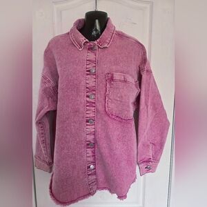 Celebrity PINK Acid Stone Wash Denim Button Down Freyed Curved Hem Jacket S Med